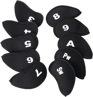 10Pcs Neoprene Black Golf Head Covers for Iron with White Club No. Fit Most Brands