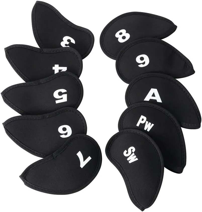 10Pcs Neoprene Black Golf Head Covers for Iron with White Club No. Fit Most Brands