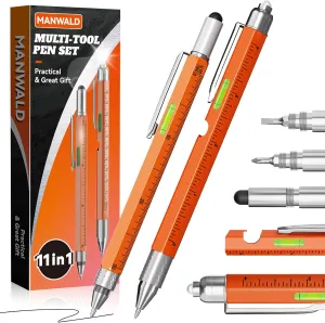 11-in-1 Multitool Pen Set with LED Light, Flathead & Phillips Screwdrivers, Level, Ruler, Bottle Opener, and Stylus, Gifts for Him, Fathers Day Dad Gifts for Men, Husband, Boyfriends, Oragne