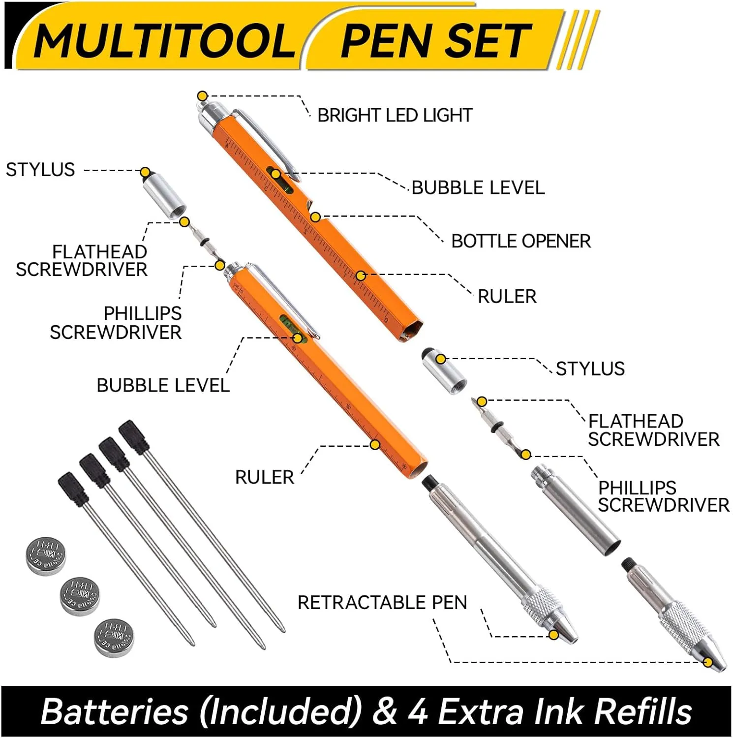 11-in-1 Multitool Pen Set with LED Light, Flathead & Phillips Screwdrivers, Level, Ruler, Bottle Opener, and Stylus, Gifts for Him, Fathers Day Dad Gifts for Men, Husband, Boyfriends, Oragne