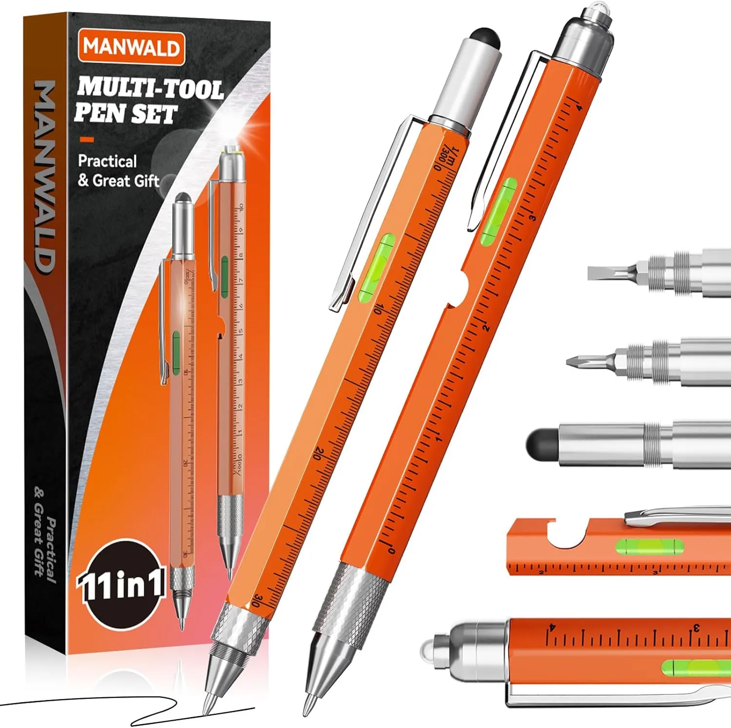 11-in-1 Multitool Pen Set with LED Light, Flathead & Phillips Screwdrivers, Level, Ruler, Bottle Opener, and Stylus, Gifts for Him, Fathers Day Dad Gifts for Men, Husband, Boyfriends, Oragne