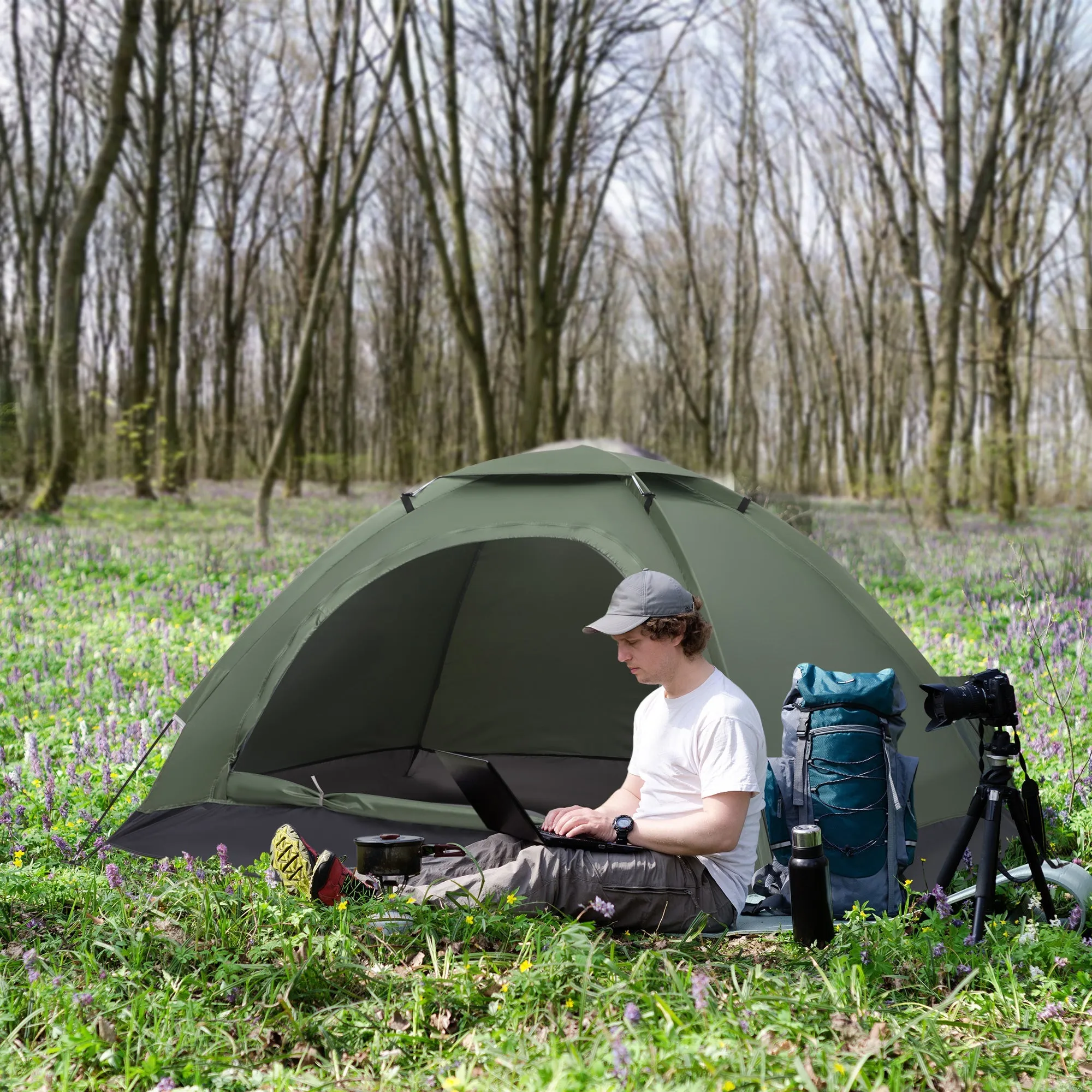 2 Person Camping Tent Camouflage Tent with Zipped Doors Storage Pocket Portable Handy Bag Dark Green