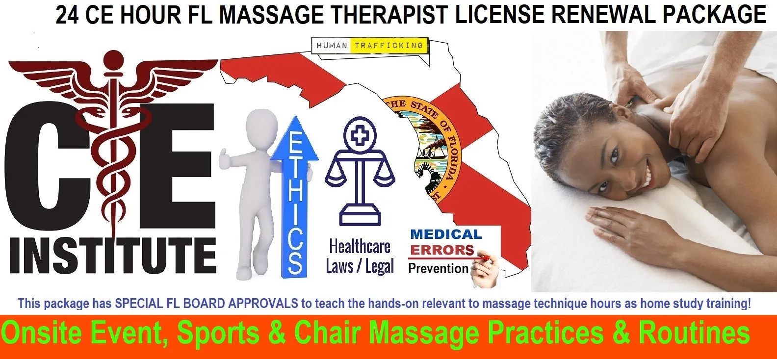 24 CE FL LMT Renewal Home Study Package Onsite Event, Sports & Chair Massage Practices & Routines with Sanitation Training Elective