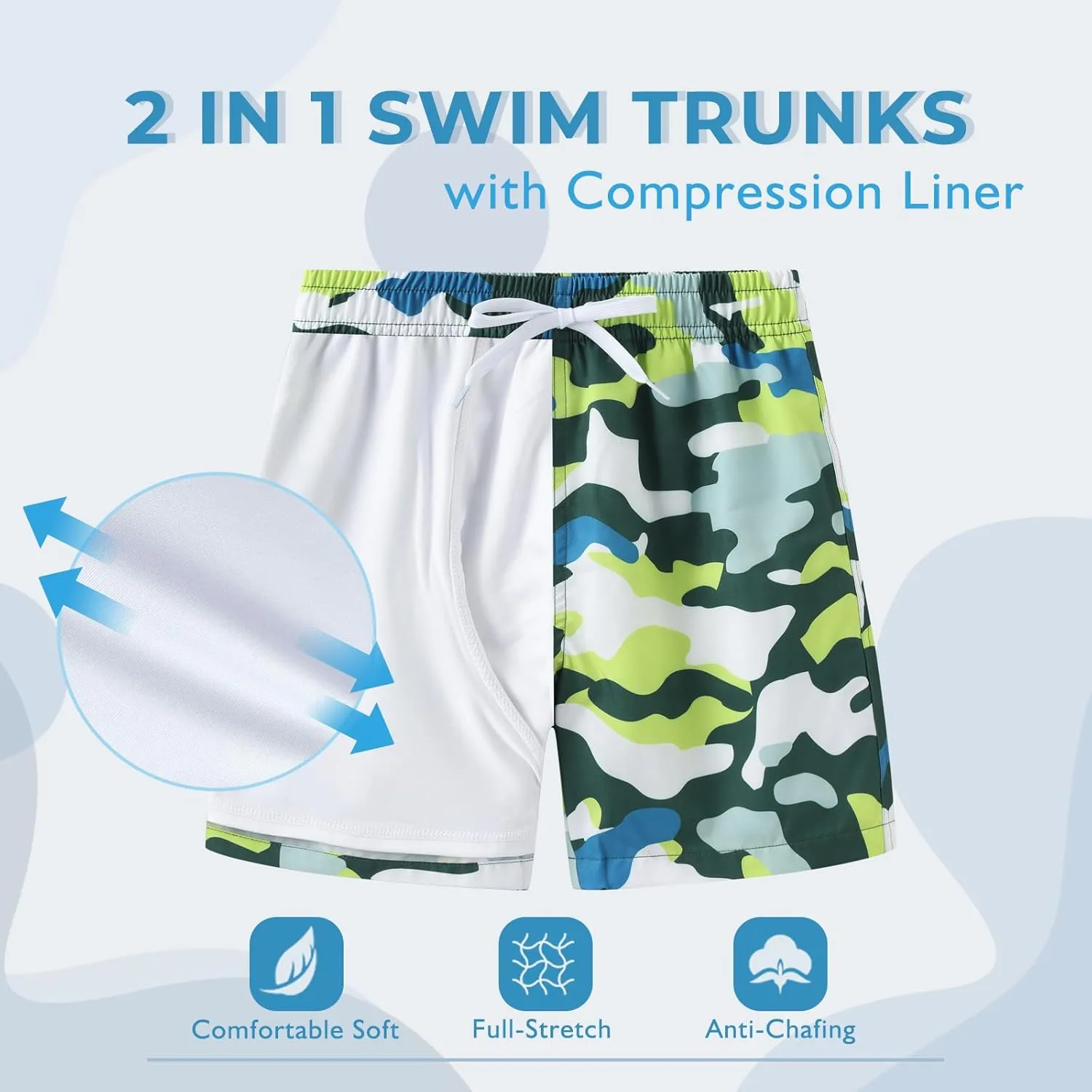 Aisyee Boys Swim Trunks with Compression Liner Swim Shorts Boys Boards Shorts with Boxer Brief Liner 7-16 Years