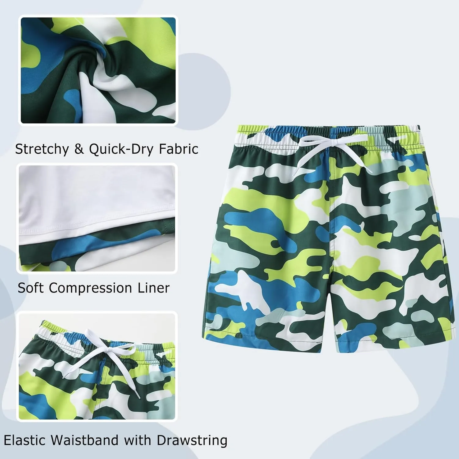Aisyee Boys Swim Trunks with Compression Liner Swim Shorts Boys Boards Shorts with Boxer Brief Liner 7-16 Years