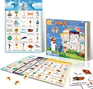 Bible Bingo Game for Kids Adults 24 Players 6 Designs Christian Bible Bingo Card Religious Game Activities for Vacation Bible School Christian Sunday Church Easter Gift Family Open Day Supplies Box