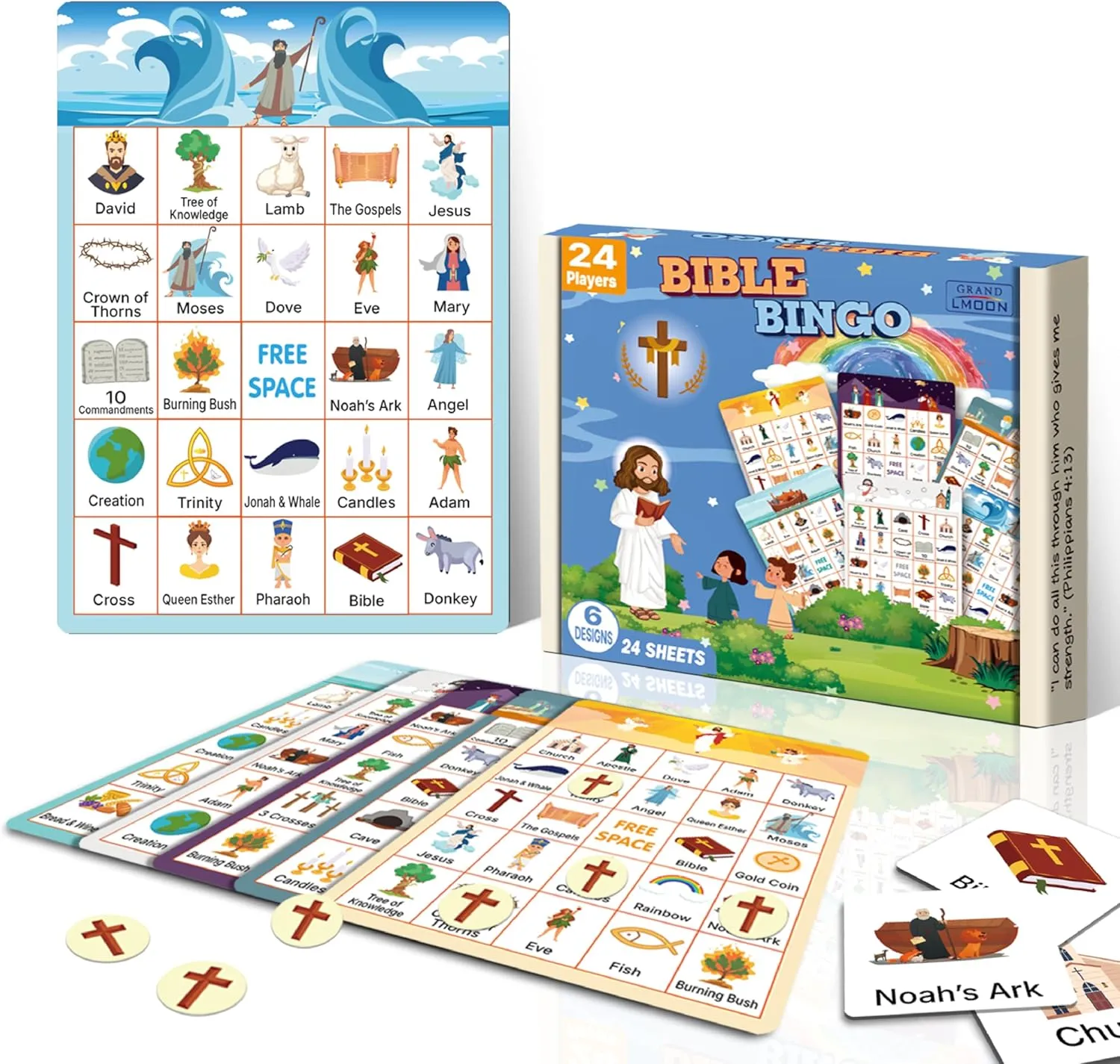 Bible Bingo Game for Kids Adults 24 Players 6 Designs Christian Bible Bingo Card Religious Game Activities for Vacation Bible School Christian Sunday Church Easter Gift Family Open Day Supplies Box