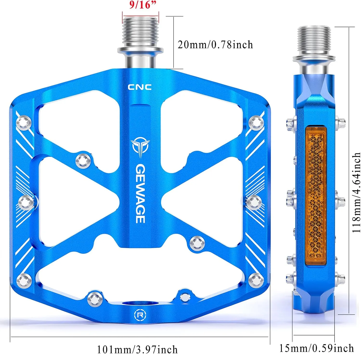 Bike Pedals 9/16 Inch - Bicycle Pedals with Reflectors - 3 Sealed Bearings MTB Pedals Wide Platform Pedals for Mountain Bike, BMX, Road Bike Pedals