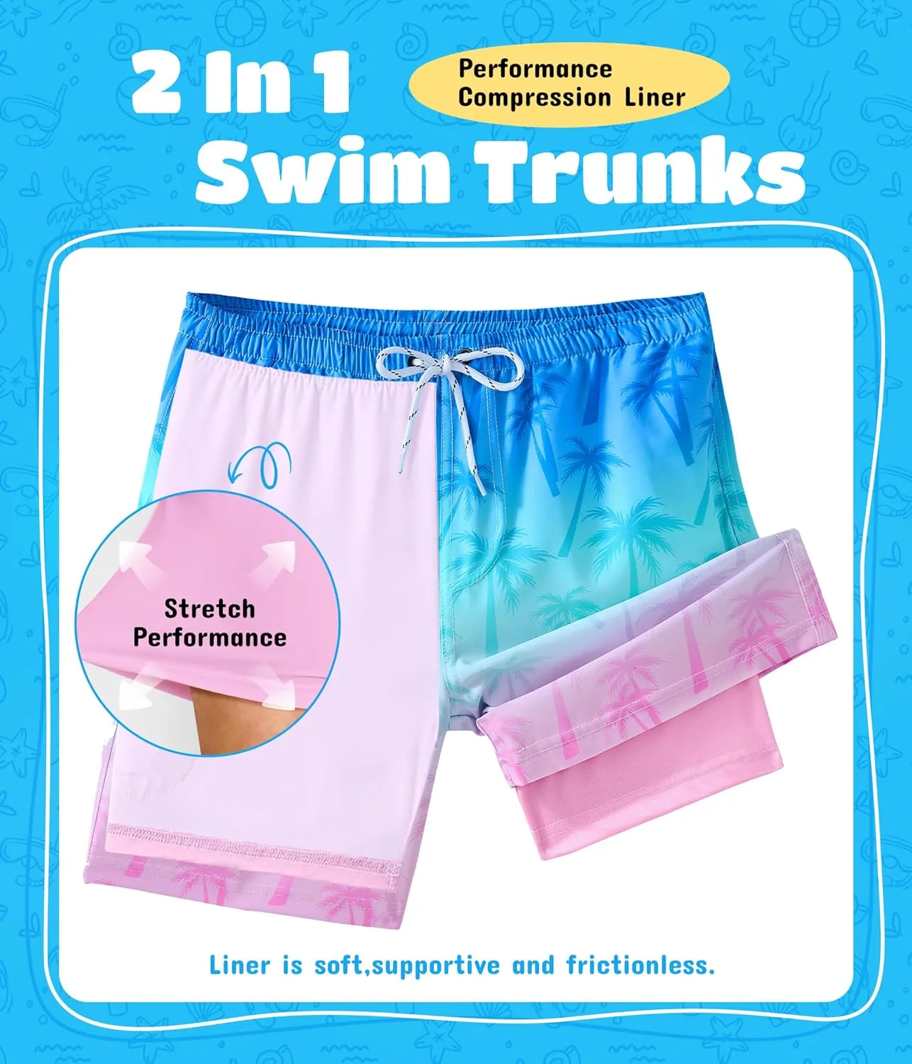 Boys Swim Trunks with Compression Liner Boys Quick Dry 2 in 1 Swim Shorts Summer Beach Shorts