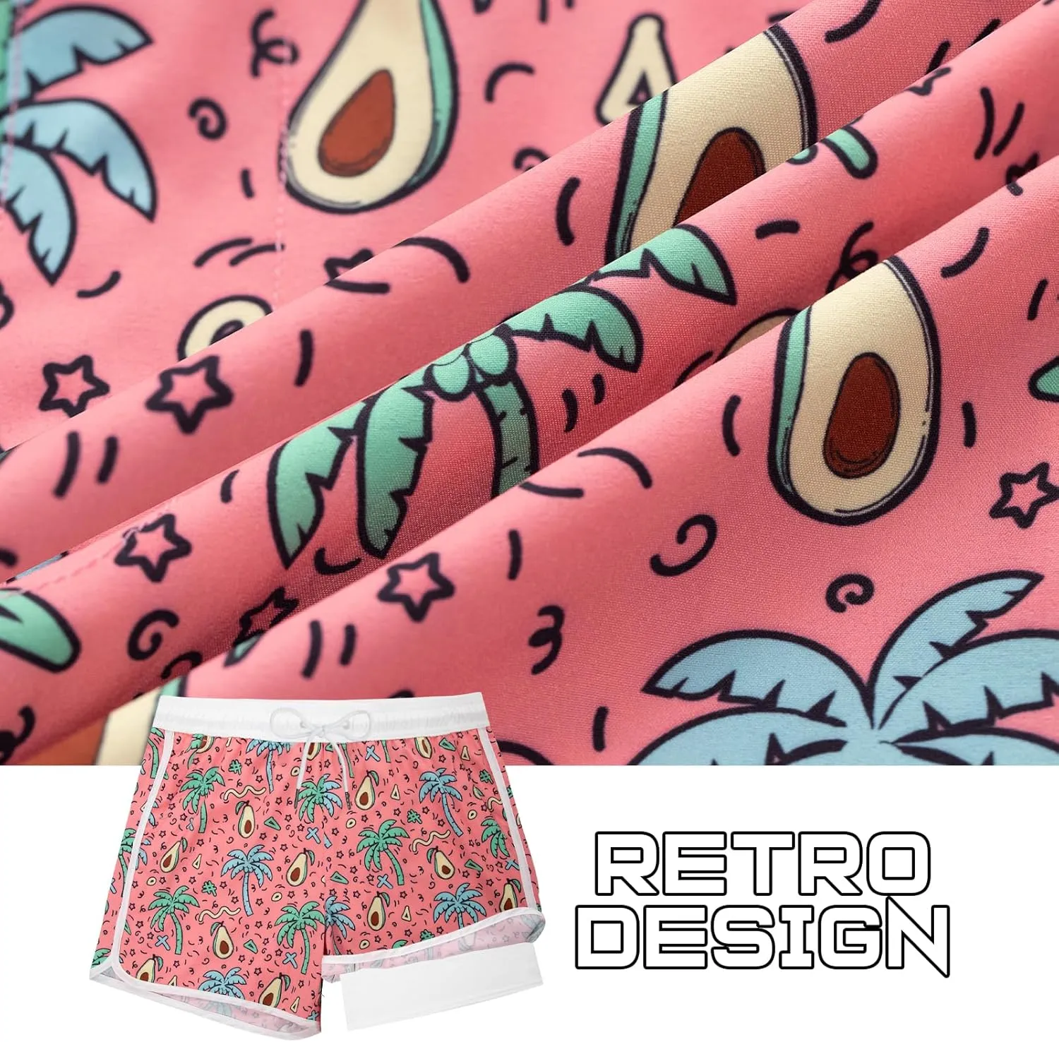BRISIRA Mens Short Swim Trunks with Compression Liner Retro Vintage 8090s Bathing Suit Swim Board Shorts Swimwear Quick Dry