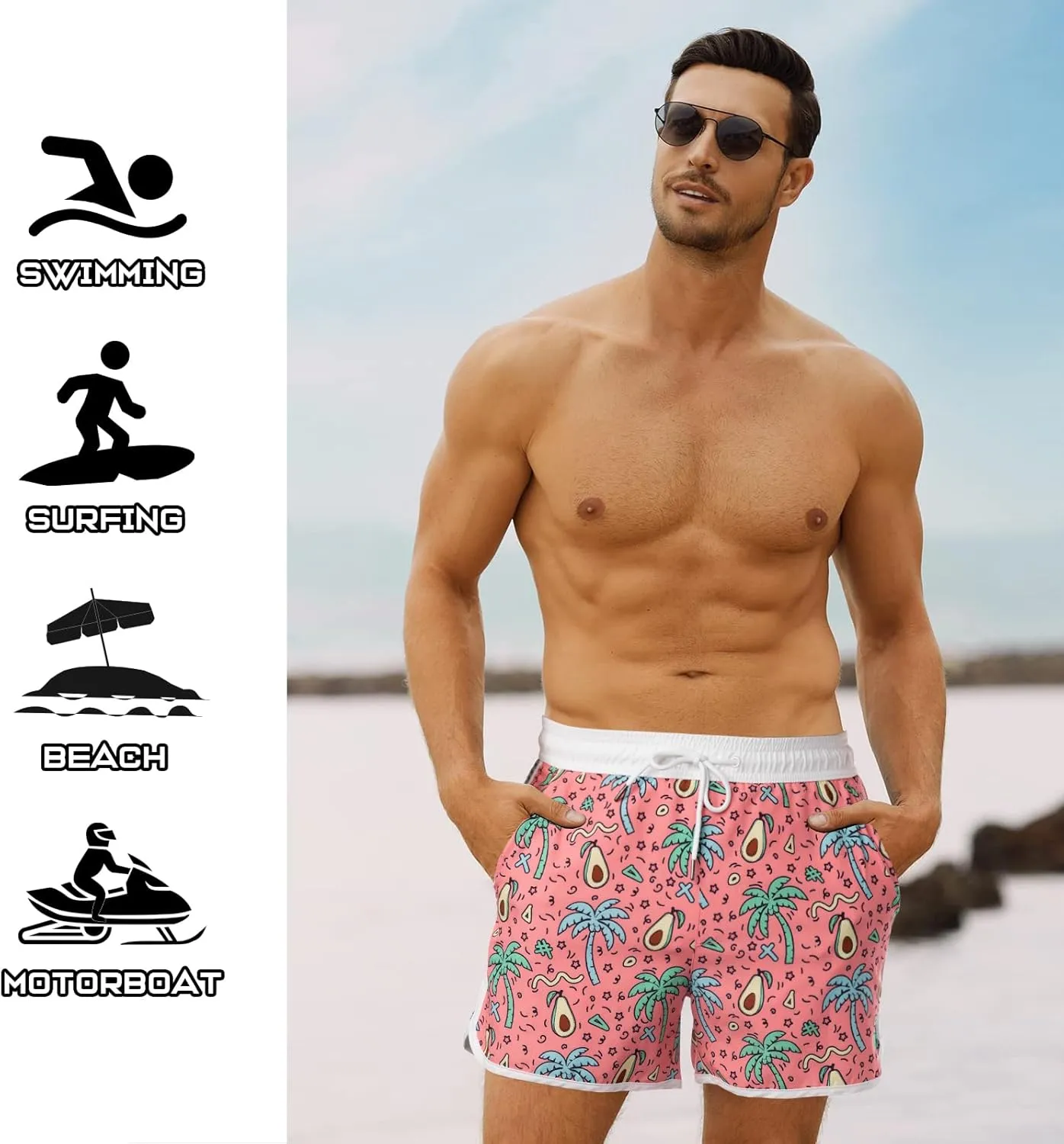 BRISIRA Mens Short Swim Trunks with Compression Liner Retro Vintage 8090s Bathing Suit Swim Board Shorts Swimwear Quick Dry