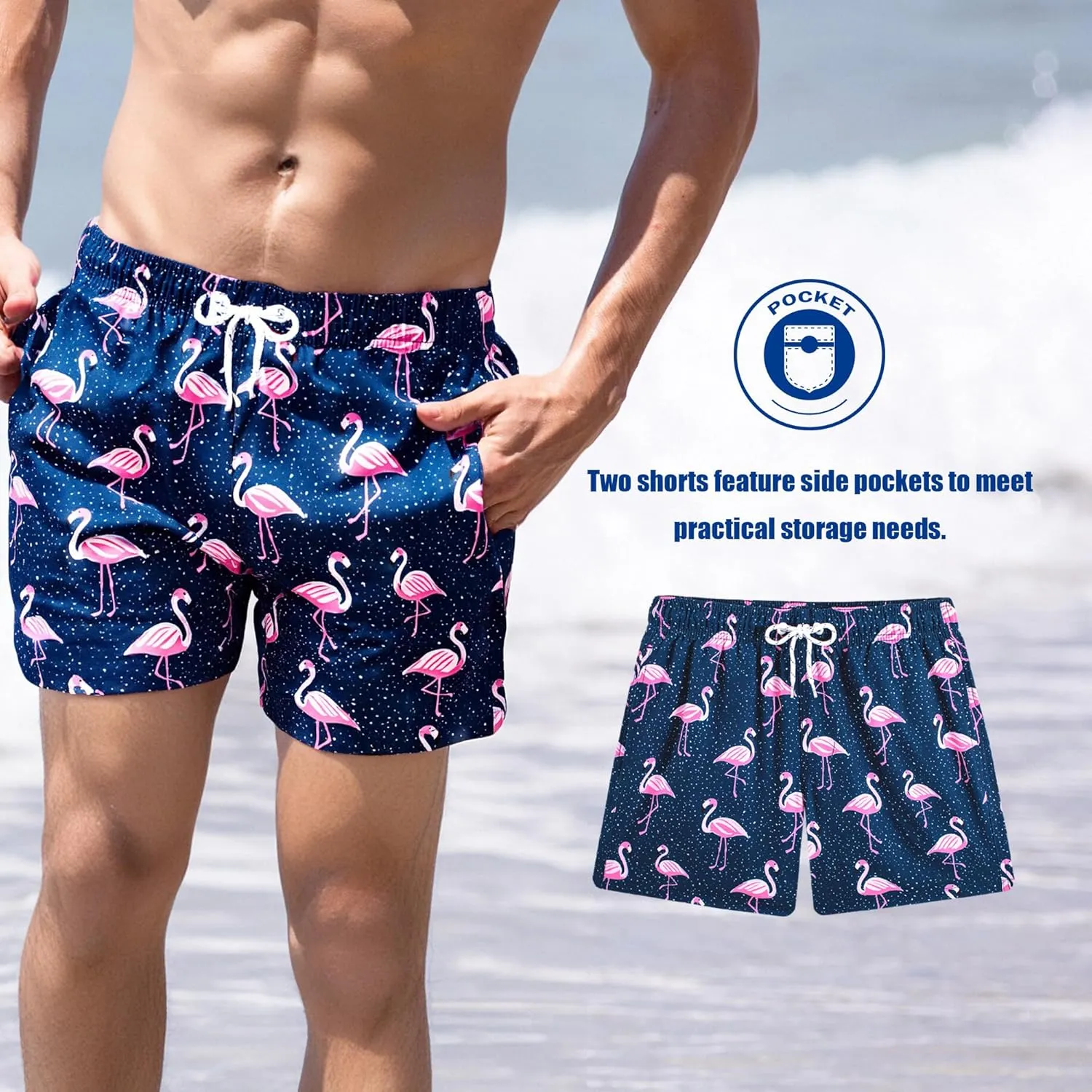 BRISIRA Mens Swim Trunks 5 Inch Compression Liner Beach Swim Shorts Bathing Suit Quick Dry Stretch Drawsting Waist Pockets