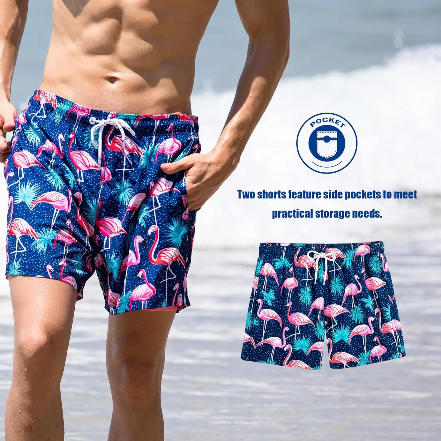 BRISIRA Mens Swim Trunks 5 Inch Compression Liner Beach Swim Shorts Bathing Suit Quick Dry Stretch Drawsting Waist Pockets