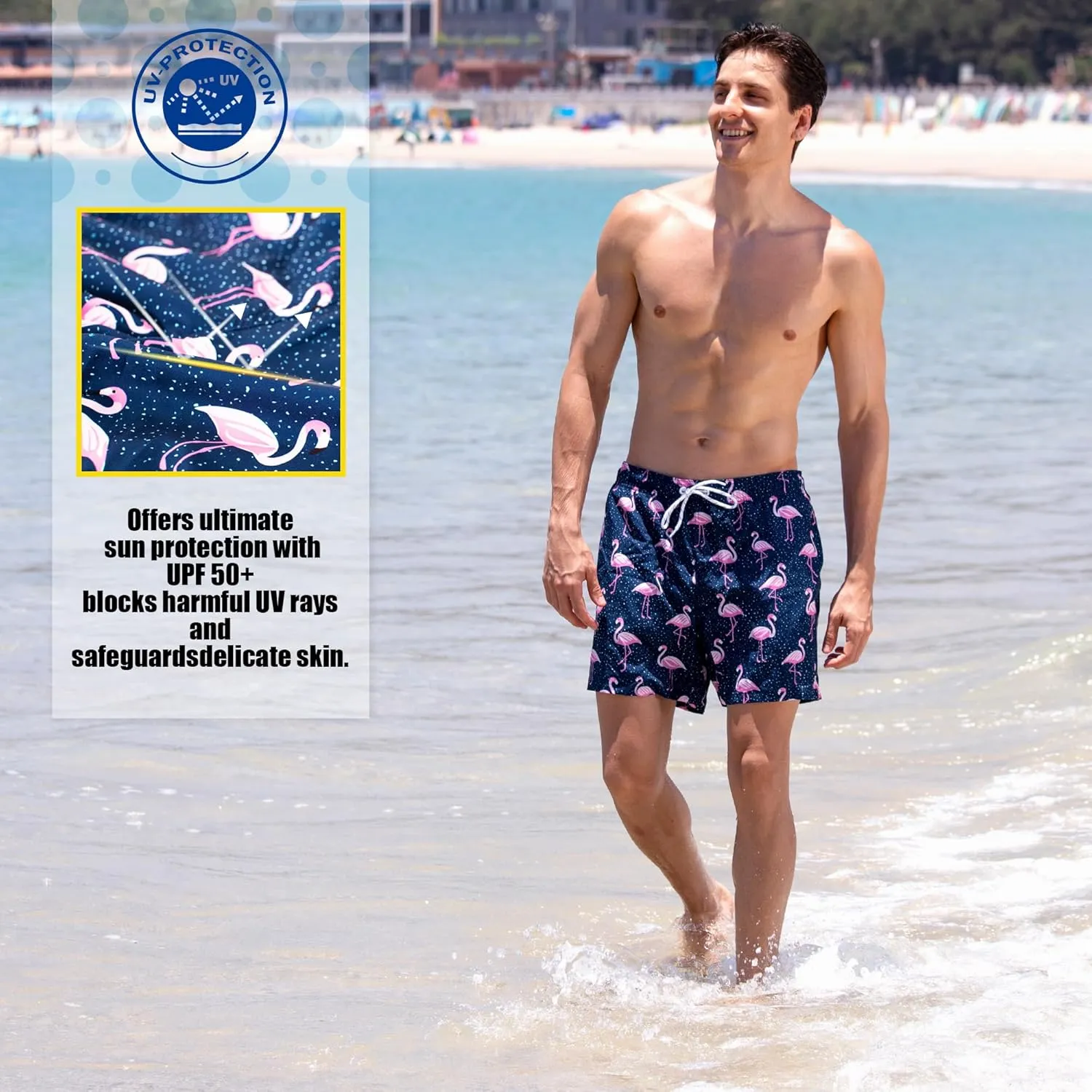 BRISIRA Mens Swim Trunks 5 Inch Compression Liner Beach Swim Shorts Bathing Suit Quick Dry Stretch Drawsting Waist Pockets