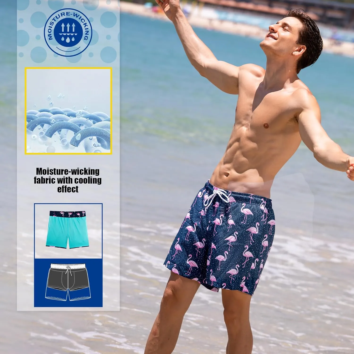 BRISIRA Mens Swim Trunks 5 Inch Compression Liner Beach Swim Shorts Bathing Suit Quick Dry Stretch Drawsting Waist Pockets