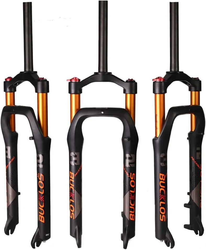 BUCKLOS 26 x 4.0 inch Fat Bike Tire Air Suspension Fork 120mm Travel, Spacing Hub 135mm 28.6mm Straight Tube Crown Lockout 9mm QR Ultralight Front Forks, fit Snow Beach Mountain Bike Black Gold