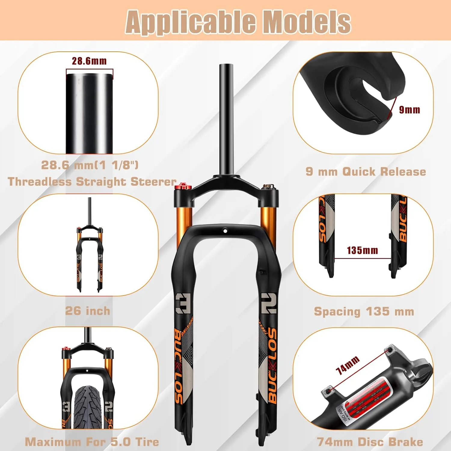 BUCKLOS 26 x 4.0 inch Fat Bike Tire Air Suspension Fork 120mm Travel, Spacing Hub 135mm 28.6mm Straight Tube Crown Lockout 9mm QR Ultralight Front Forks, fit Snow Beach Mountain Bike Black Gold