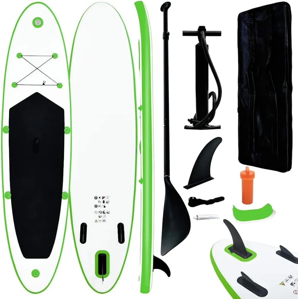 Inflatable Stand Up Paddleboard Set Durable Construction for Single User, Convenient Carrying Bag Included, Green and White