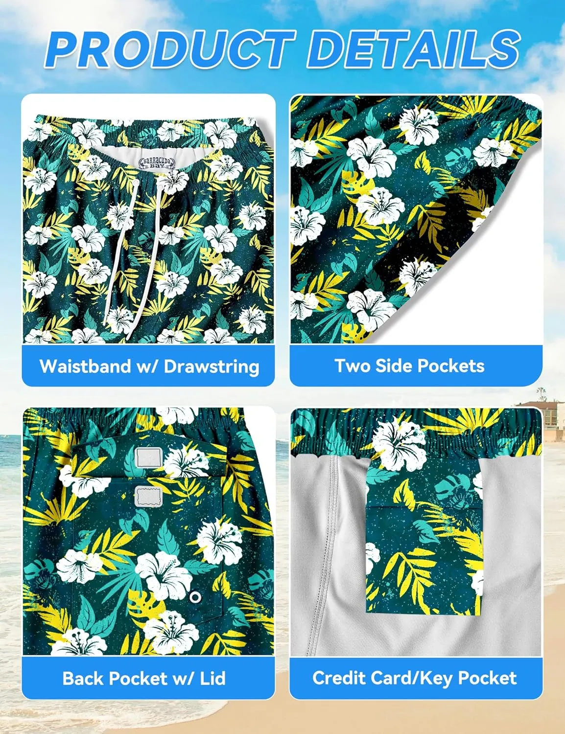 Mens Swim Trunks with Compression Liner 8 inch Quick-Dry Lightweight 2 in 1 Board Shorts 4-Way Stretch UPF 50 