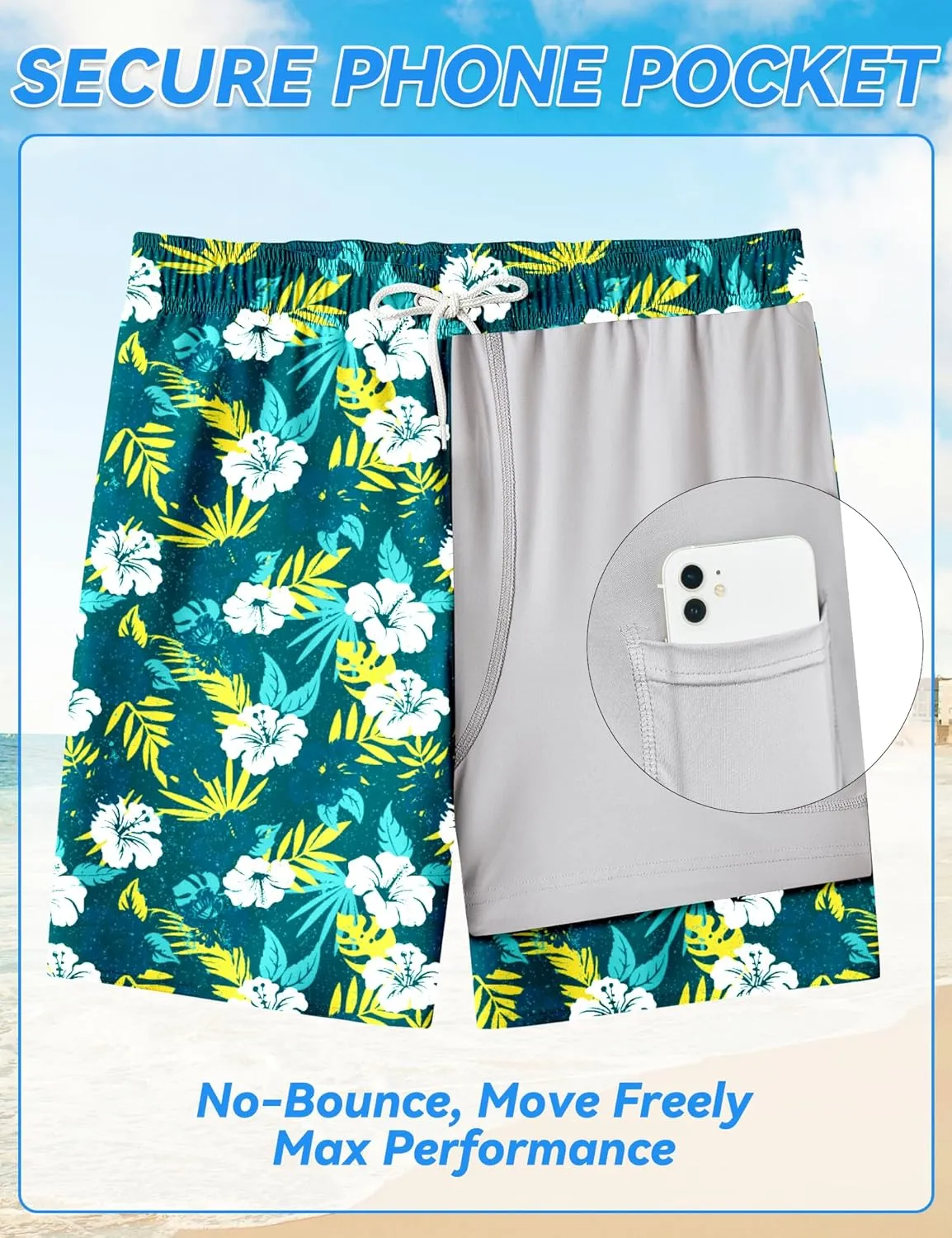 Mens Swim Trunks with Compression Liner 8 inch Quick-Dry Lightweight 2 in 1 Board Shorts 4-Way Stretch UPF 50 