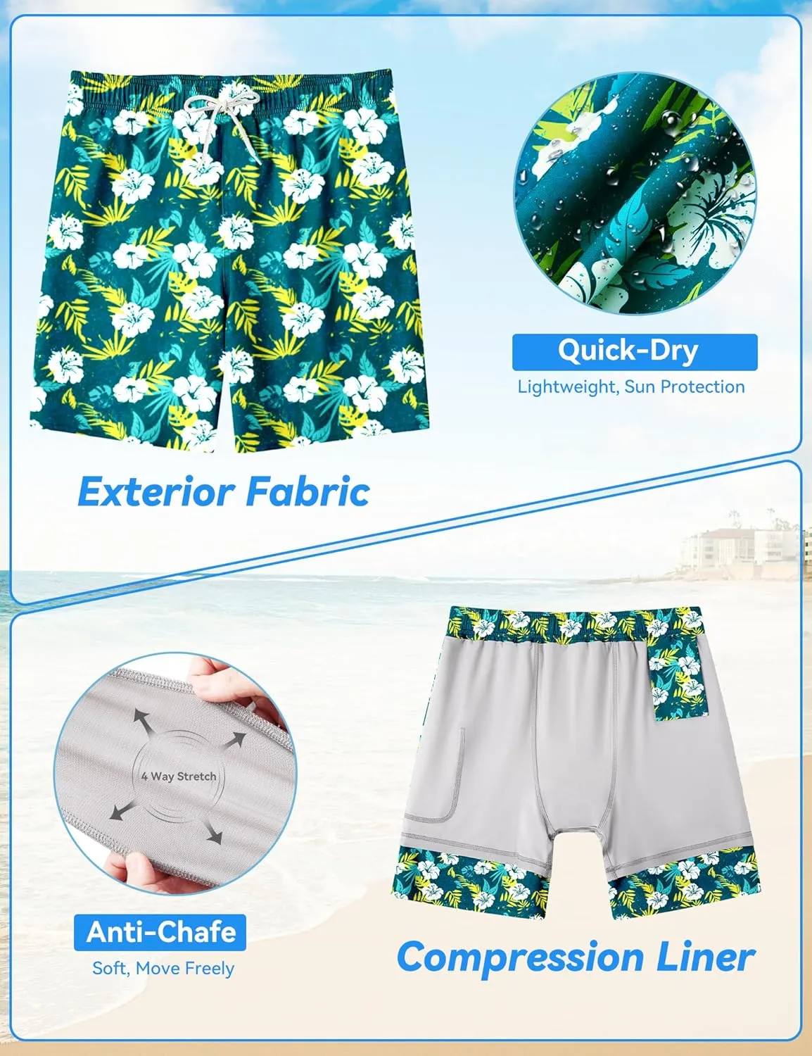 Mens Swim Trunks with Compression Liner 8 inch Quick-Dry Lightweight 2 in 1 Board Shorts 4-Way Stretch UPF 50 