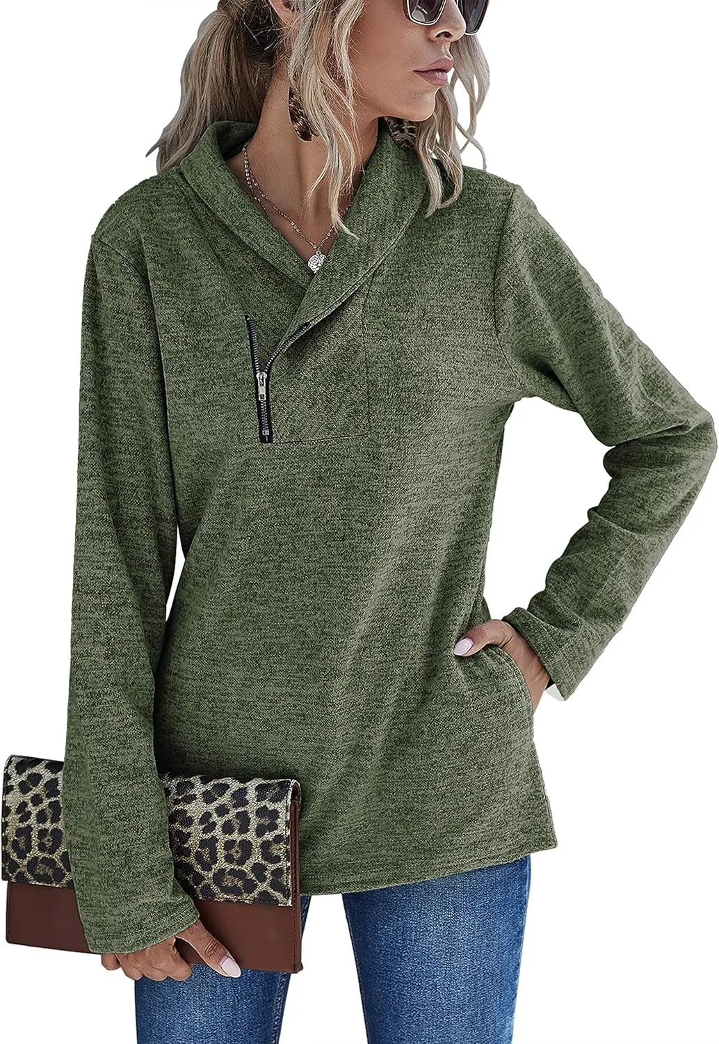 Romanstii Quarter Zip Sweatshirt for Women Fall Long Sleeve Cowl Neck Top 2024 Fashion Pullover with Pockets