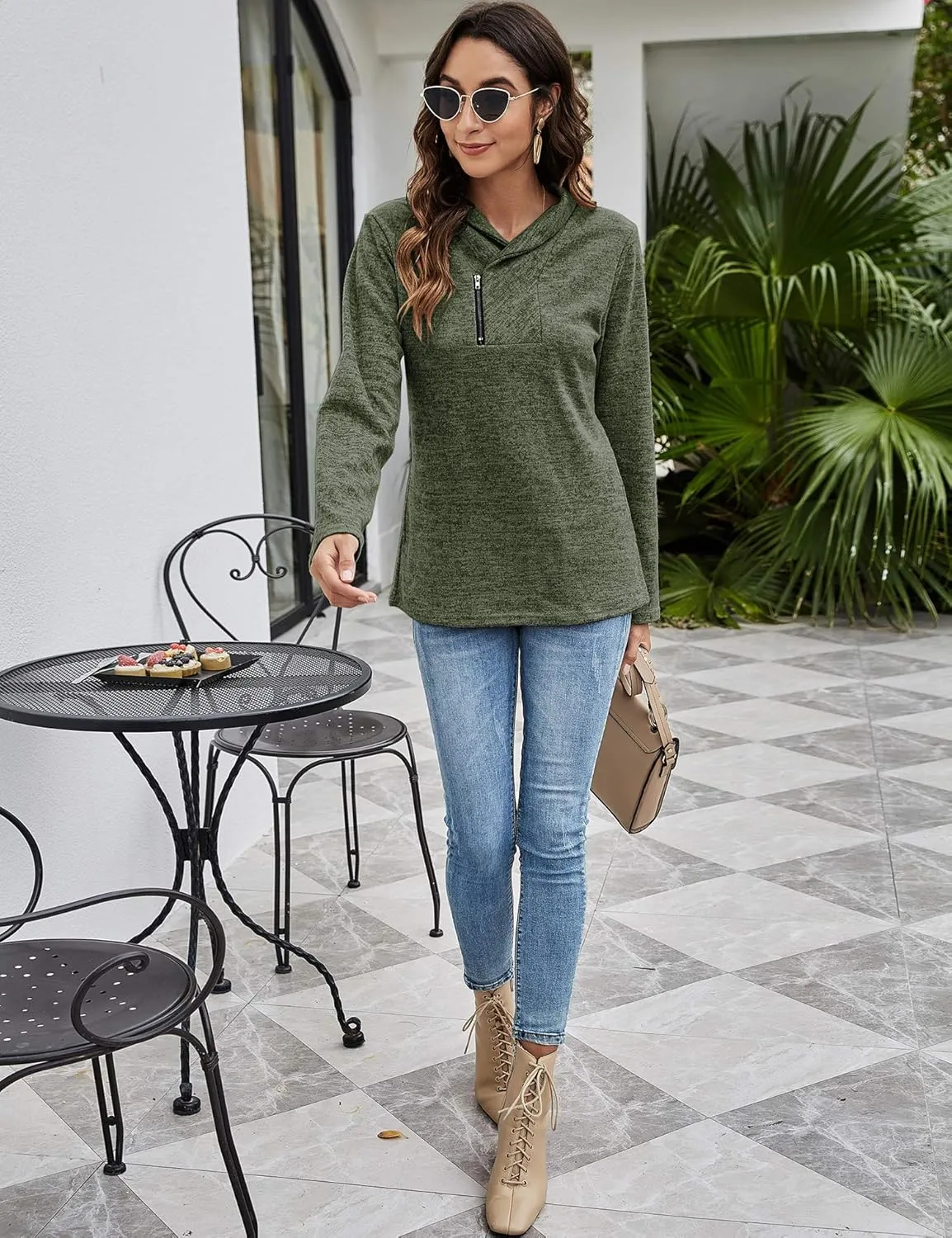 Romanstii Quarter Zip Sweatshirt for Women Fall Long Sleeve Cowl Neck Top 2024 Fashion Pullover with Pockets