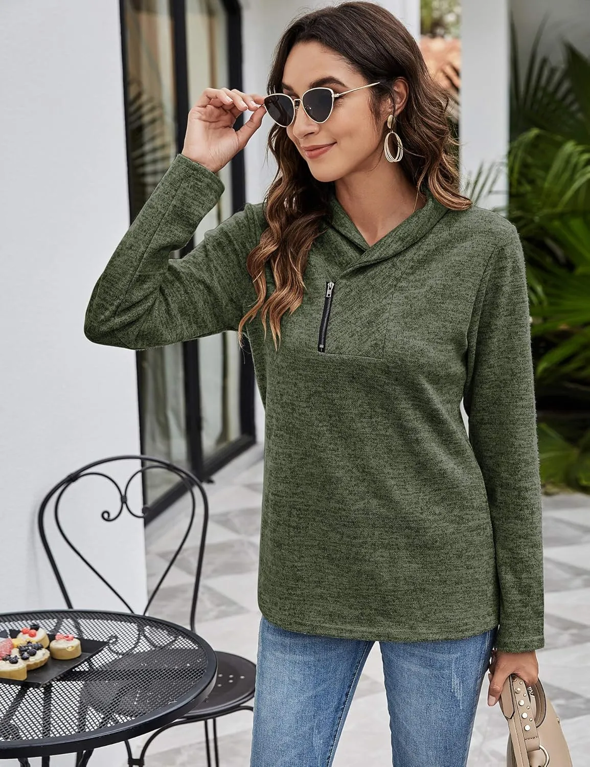Romanstii Quarter Zip Sweatshirt for Women Fall Long Sleeve Cowl Neck Top 2024 Fashion Pullover with Pockets