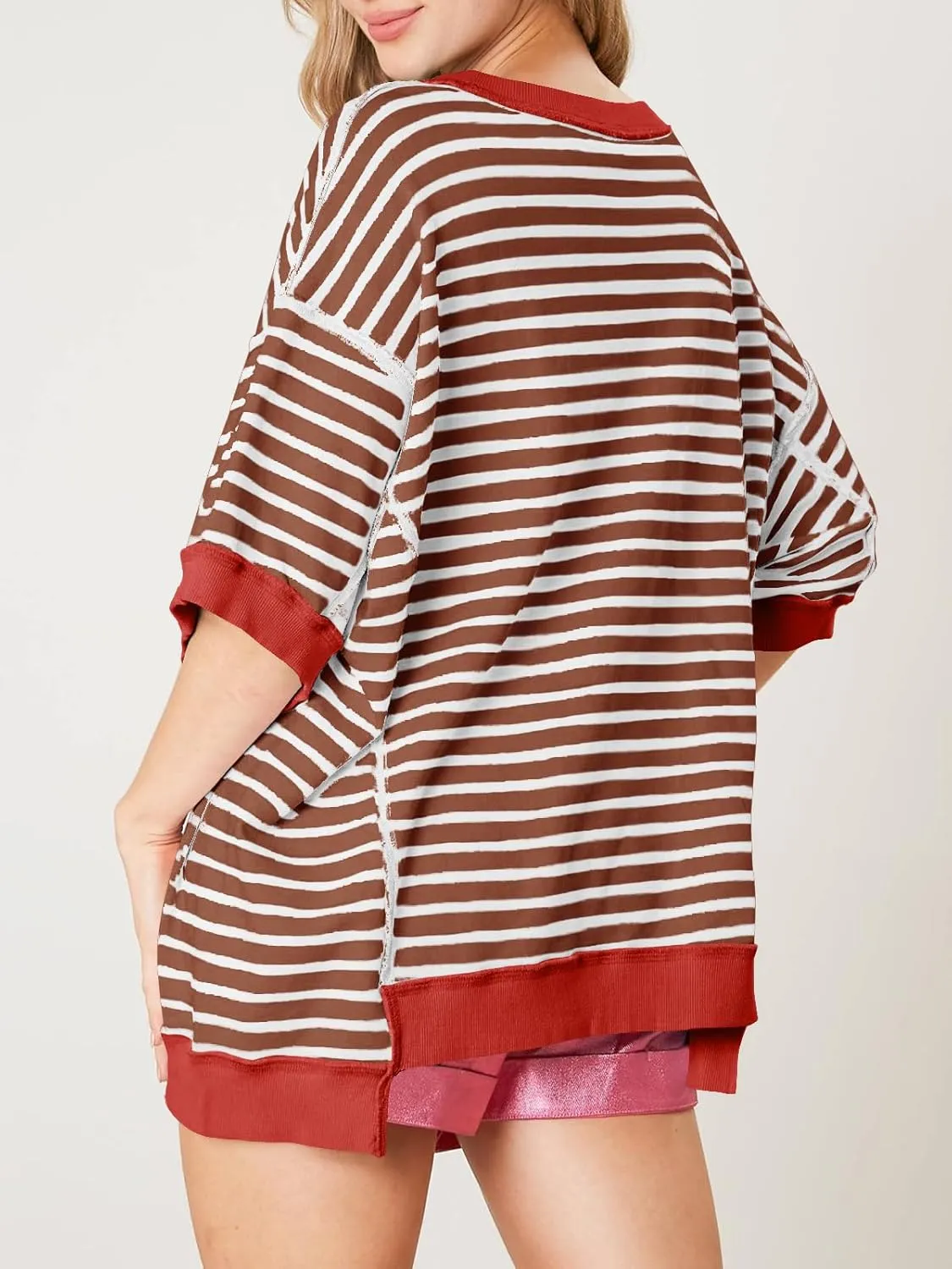 Tankaneo Womens Oversized T Shirts Striped Color Block Cotton Tops Summer Casual Half Sleeve Loose Fit Crewneck Sweatshirts