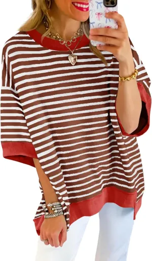Tankaneo Womens Oversized T Shirts Striped Color Block Cotton Tops Summer Casual Half Sleeve Loose Fit Crewneck Sweatshirts