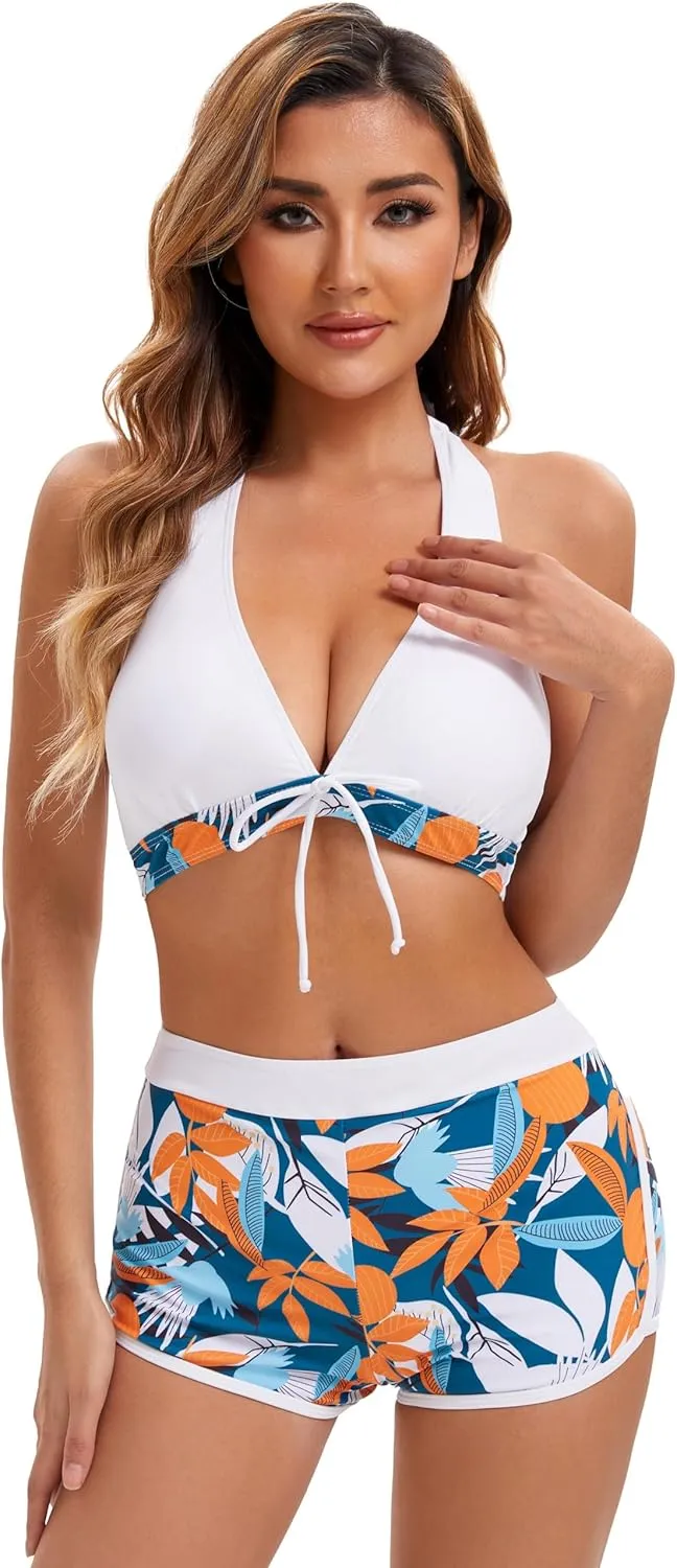 Women Two Piece Swimsuit Bathing Suits Floral Tropical High Waisted Beachwear Board Shorts Halter Tops