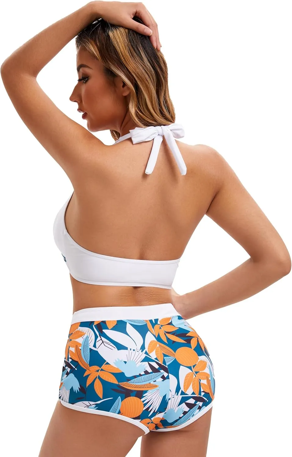 Women Two Piece Swimsuit Bathing Suits Floral Tropical High Waisted Beachwear Board Shorts Halter Tops