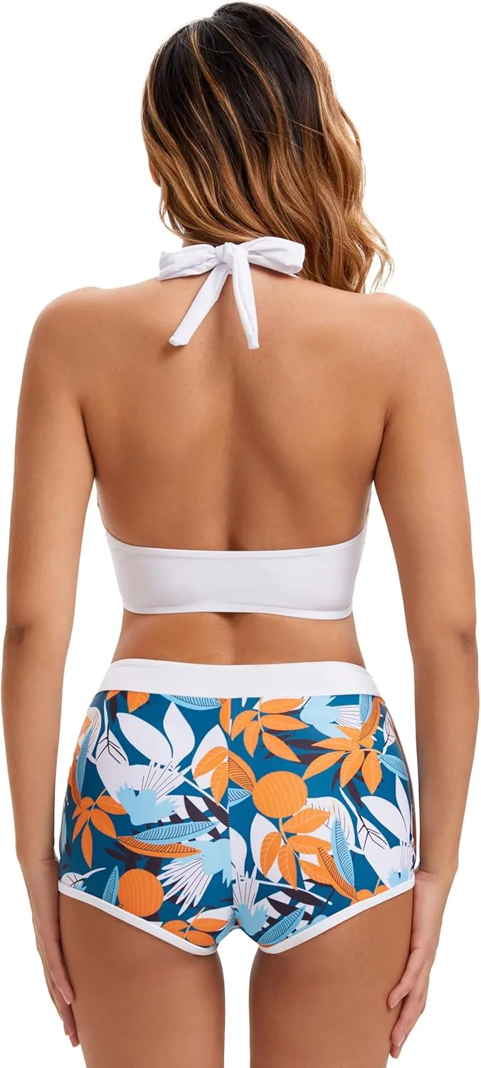 Women Two Piece Swimsuit Bathing Suits Floral Tropical High Waisted Beachwear Board Shorts Halter Tops