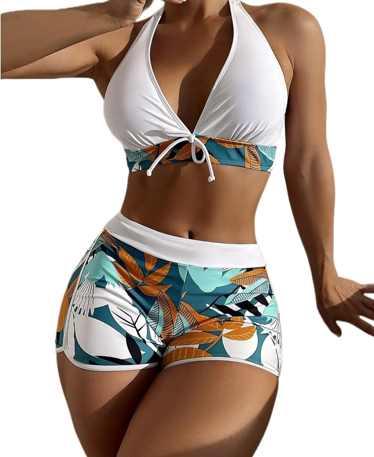 Women Two Piece Swimsuit Bathing Suits Floral Tropical High Waisted Beachwear Board Shorts Halter Tops