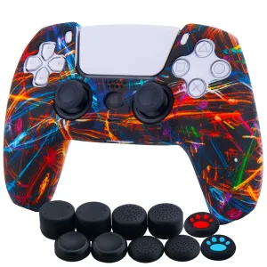 YoRHa Water Transfer Printing Silicone Thickened Cover Skin Case for PS5 Controller x 1(Night Beam) with Thumb Grips x 10